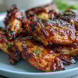 Crispy Guava BBQ Glazed Chicken Wings fresh from the oven with caramelized edges and a side of creamy coleslaw.