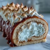 A rolled Homemade Brazo Gitano dessert topped with golden toasted meringue, with fresh coffee and guava paste on the side.