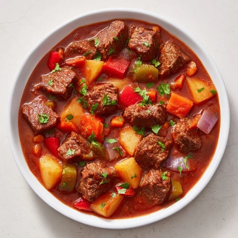 Steaming bowl of Smoked Paprika & Garlic Beef Stew, rich with tender beef and vegetables.