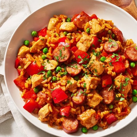 Chicken and Chorizo Rice Skillet, a colorful one-pan meal with fluffy rice and savory chorizo.