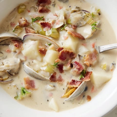 Steaming Authentic New England Clam Chowder with creamy broth, bacon crumbles, and fresh parsley garnish.