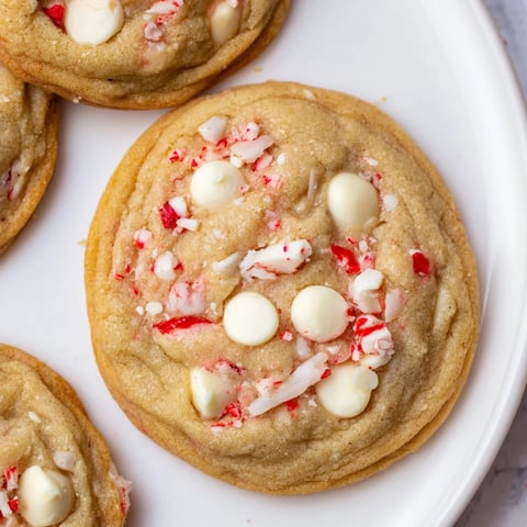 Freshly baked White Chocolate Peppermint Bark Cookies, a holiday treat with melted white chocolate and crunchy peppermint.