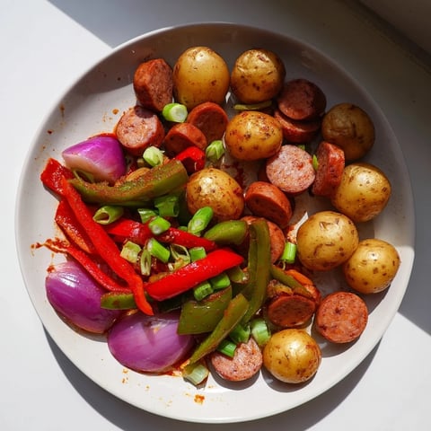Steaming skillet of Spicy Kielbasa and Potato Skillet, featuring browned sausage, colorful peppers, and tender potatoes.