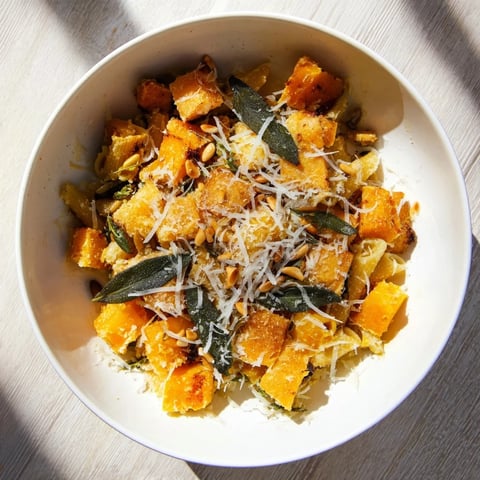 Golden brown Butternut Squash & Sage Brown Butter Pasta, garnished with fresh sage, ready to serve.