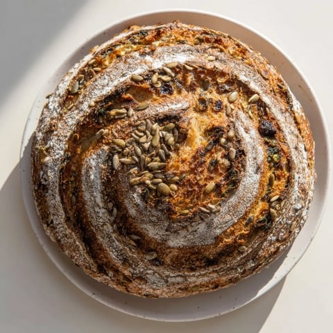 Crusty, golden Fibonacci Spiral Growth Bread with visible seeds and vegetables, ready to serve.