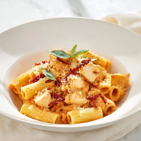 A flavorful photo of Spicy Vodka Chicken Pasta with creamy sauce and rigatoni pasta.