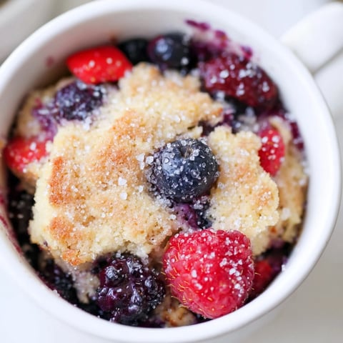 Warm Mixed Berry Cobbler Mug Cake, bubbling with juicy berries and a golden crust, ready to eat.