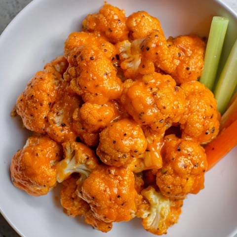 Golden-brown Buffalo Cauliflower Bites ready to be dipped and enjoyed with fresh celery and ranch.