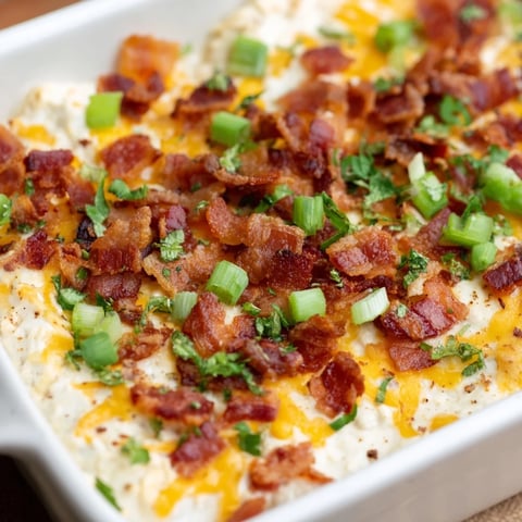 Golden, bubbly Cheesy Bacon Ranch Dip, a crowd-pleasing appetizer, with crispy bacon crumbles on top.