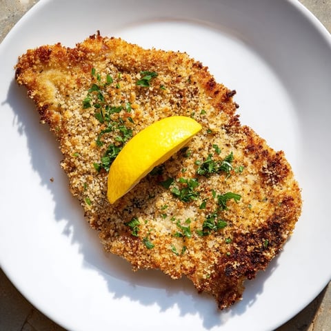 Golden-brown Austrian Wiener Schnitzel, perfectly fried and ready to be served with lemon wedges.