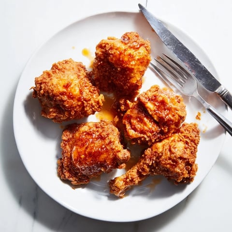 Crispy golden Hot Honey Butter Chicken thighs glisten with a sweet-spicy glaze on a rustic plate beside pickles and soft rolls.