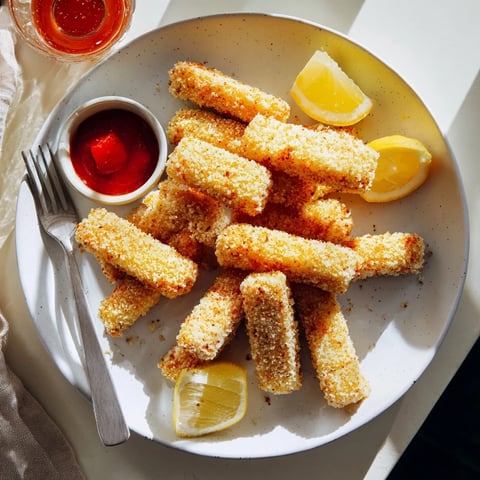 Golden, crispy panko-crusted halloumi batons served warm with fresh lemon wedges and a drizzle of spicy hot sauce.