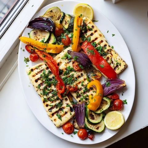 Thick, golden-grilled halloumi cheese steaks topped with vibrant bell peppers and zucchini on a serving platter.