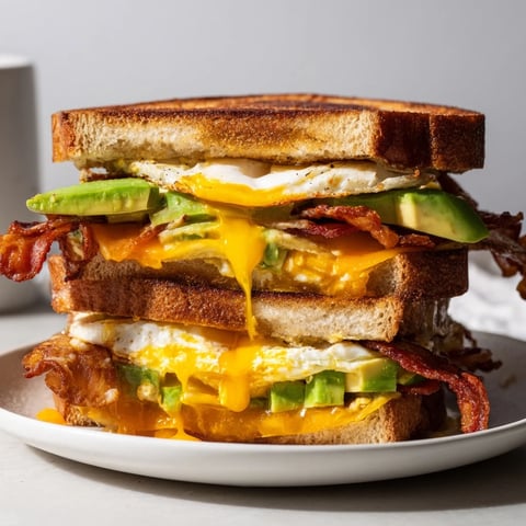 A close-up of the Loaded Breakfast Sandwich, showcasing crispy bacon, creamy avocado slices, and a melted cheddar cheese on toasted sourdough bread.  