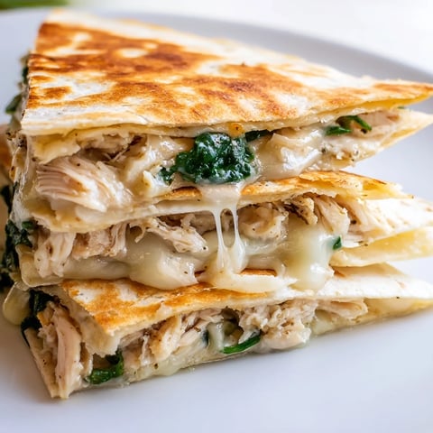 A golden-brown Chicken and Spinach Quesadilla rests on a white plate, garnished with fresh cilantro and a side of zesty salsa.