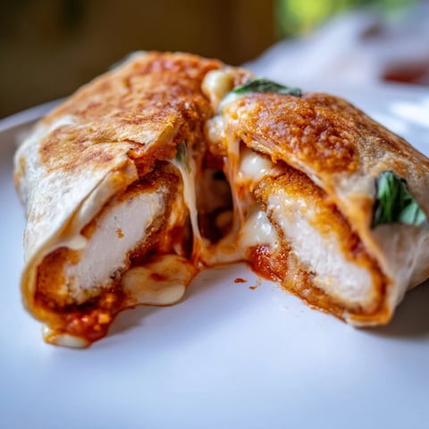 Golden-brown crispy chicken Parmesan slice nestled in a warm flour tortilla with melted mozzarella and marinara.  