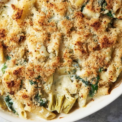 Golden, bubbly Artichoke Pasta Bake fresh from the oven, featuring creamy Parmesan sauce, tender pasta, spinach, and marinated artichoke hearts.