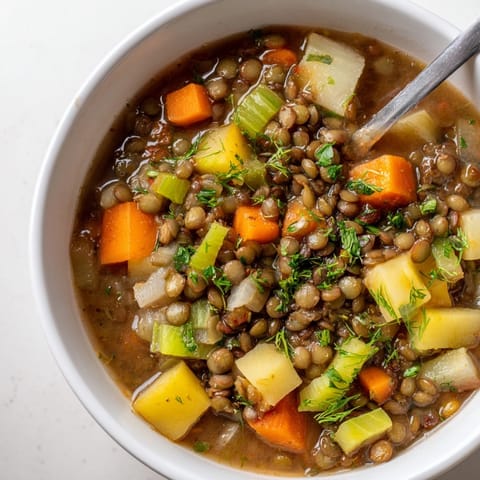 Close-up of hearty Classic Lentil and Herb Soup, showing tender lentils and colorful vegetables.