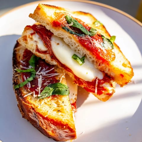 Crispy sourdough Air Fryer Pizza Margherita Grilled Cheese sandwich, perfect for a quick, cheesy lunch.