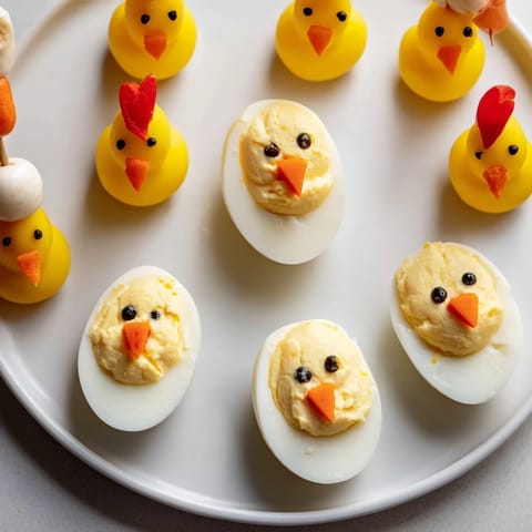 These playful chick & duckling snacks feature cheerful colors with creamy egg filling and veggie accents.