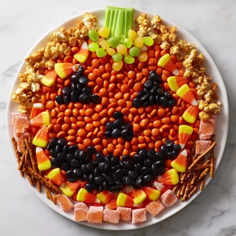 This Jack-o-Lantern Candy Board displays orange candies with a festive green stem and adorable licorice features.