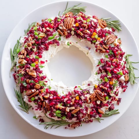 A creamy, colorful Cranberry Feta Dip Wreath, studded with pecans and looking delicious with crackers.