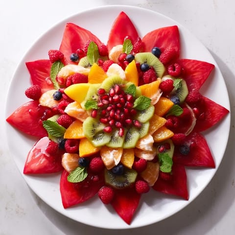 A colorful Festive Poinsettia Fruit Bowl with ruby-red strawberries and pomegranate arils, ready to serve.