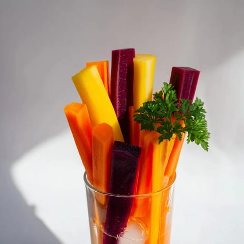 Vibrant Simple Crudités: Rainbow carrot sticks stand upright, chilled in elegant tall glasses for serving.