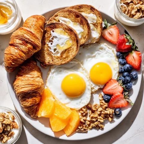 Freshly assembled Soleil Matinal breakfast showcasing assorted fruits, yogurt parfaits, and toasted breads, delicious and inviting.