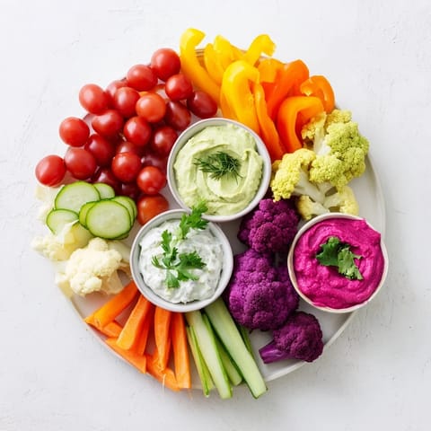Fresh Rainbow Vegetable Dips, showcasing a medley of crisp vegetables ready for easy appetizer enjoyment.