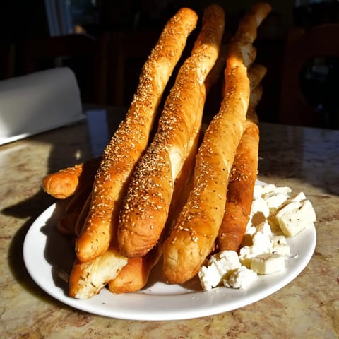 Golden, crispy breadsticks constructing a stunning "Gilded Cage" appetizer, filled with creamy cheeses and grapes.