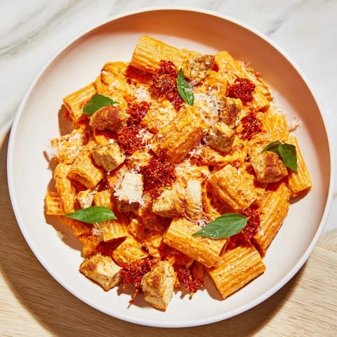 Tender chicken and fiery chili crisp highlight this Spicy Vodka Chicken Pasta, ready to serve and enjoy.