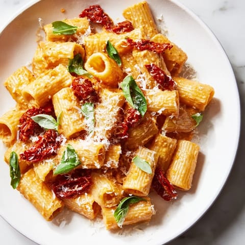 Rich and flavorful Creamy Sun-Dried Tomato Pasta, enveloped in a creamy sauce, garnished with Parmesan cheese.