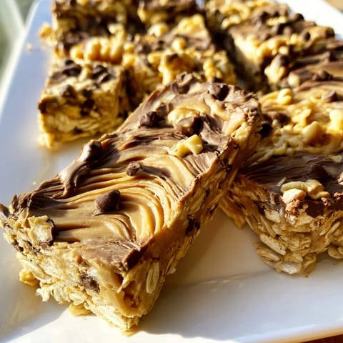 These Peanut Butter Banana Oat Bars appear perfectly cut, ready to enjoy as a grab-and-go snack.
