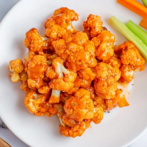 Close-up of crispy, spicy Buffalo Cauliflower Bites coated in tangy sauce, a perfect party appetizer.