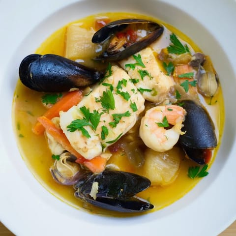 Rich, flavorful bouillabaisse, a Provençal fish stew with fragrant herbs, served with toasted bread.