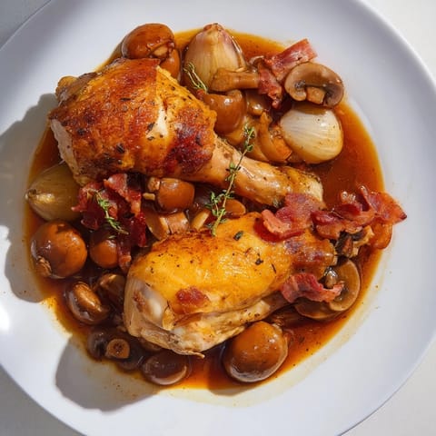 Coq au Vin: A hearty stew with tender chicken, red wine sauce, and pearl onions, ready to be served.