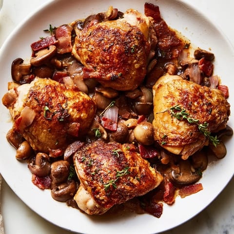 Delicious Coq au Vin, a French classic with braised chicken and savory mushrooms, perfect for dinner.
