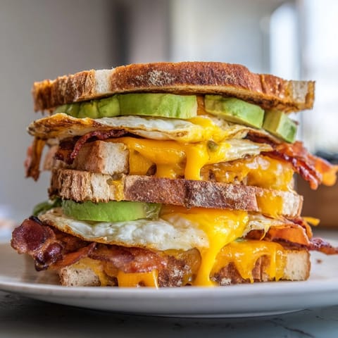 Golden-brown Loaded Breakfast Sandwich with a runny egg yolk, fresh spinach, and juicy tomato slices, perfect for a hearty American breakfast.  