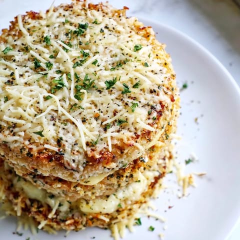 Stacked Crispy Rice Cake Cheese Stacks with melted mozzarella and parmesan on a rustic plate. 