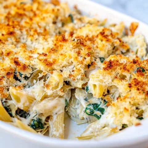 A comforting vegetarian Artichoke Pasta Bake casserole with golden breadcrumbs, creamy Parmesan sauce, and vibrant spinach and artichoke hearts.