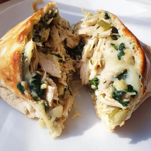 Golden-brown Spinach Artichoke Chicken Stuffed Pita halves reveal creamy filling with spinach and artichoke chunks.