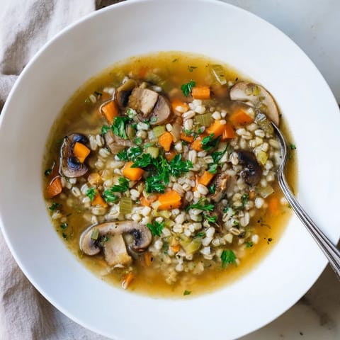 A steaming bowl of Mushroom and Barley Soup with tender mushrooms and chewy barley, garnished with fresh parsley and served with crusty bread.  