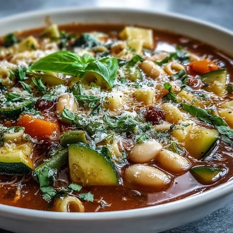 Hearty Minestrone Vegetable Soup, perfect with crusty bread, brimming with pasta.