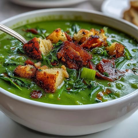 A bowl of creamy Split Pea Soup, garnished with fresh thyme and a chunk of rustic bread for dipping.  