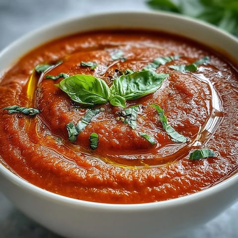 Velvety tomato and basil soup, garnished with fresh basil and a drizzle.