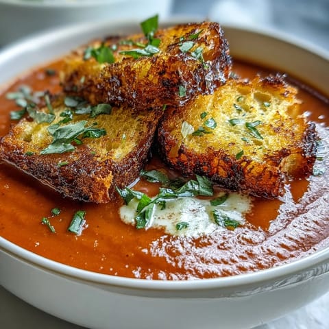 Creamy roasted tomato soup topped with golden crispy croutons, ready to enjoy.