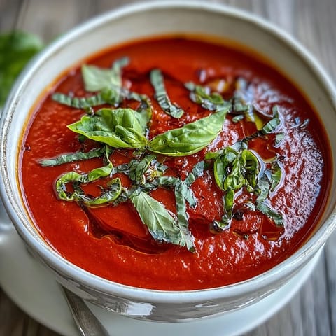 Silky, vibrant Tomato and Basil Soup served hot with crusty artisan bread for dipping.