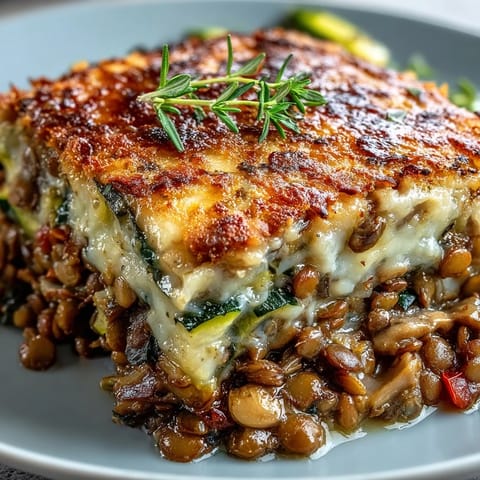 Golden-brown Green Lentil and Vegetable Casserole bubbling in a baking dish, topped with melted cheese and fresh herbs.