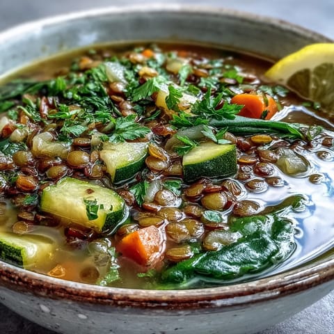 A rustic mug of hearty Lentil Soup garnished with fresh parsley and lemon.
